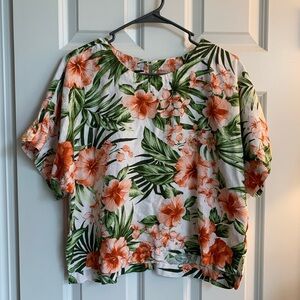 Tropical Floral Print Linen Women's Top - Orange and Green